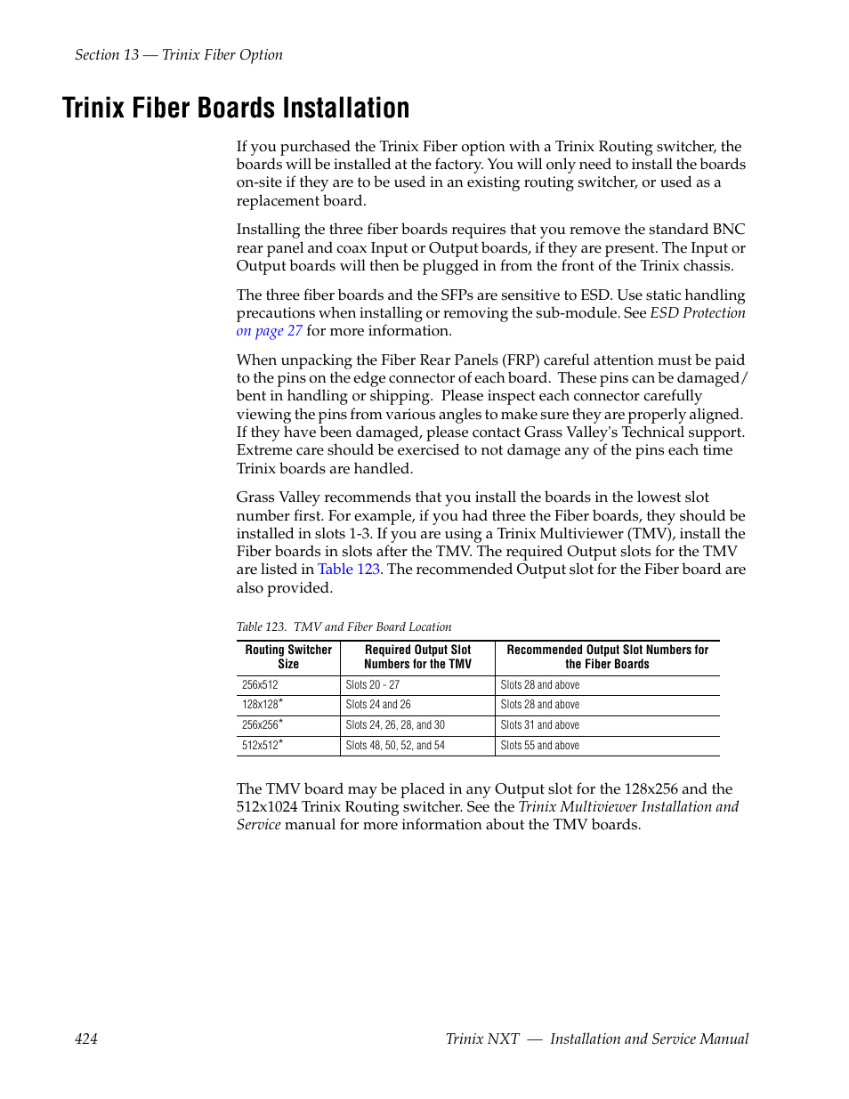 Trinix fiber boards installation | Grass Valley Trinix NXT v.3.3.1 User Manual | Page 424 / 453