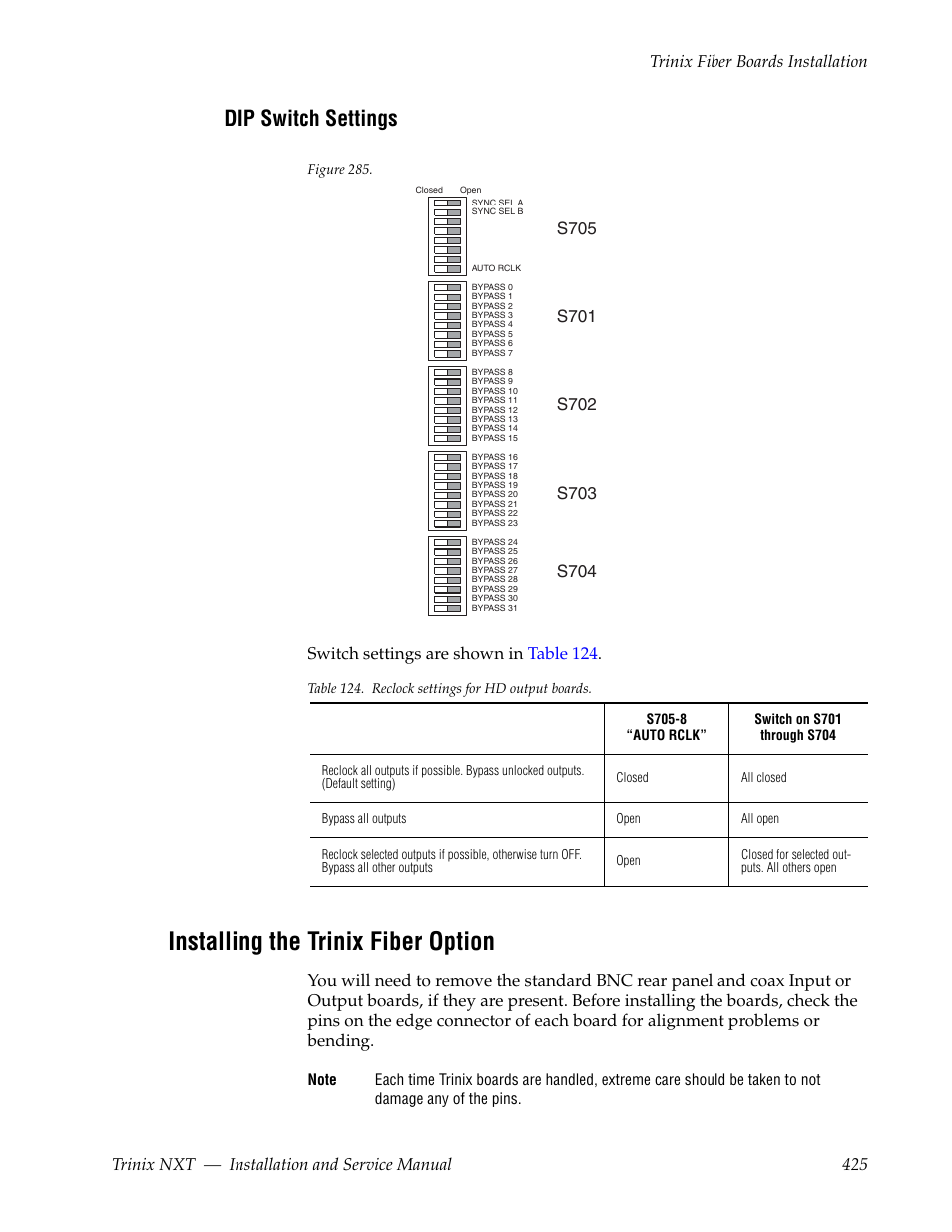 Dip switch settings, Installing the trinix fiber option | Grass Valley Trinix NXT v.3.3.1 User Manual | Page 425 / 453