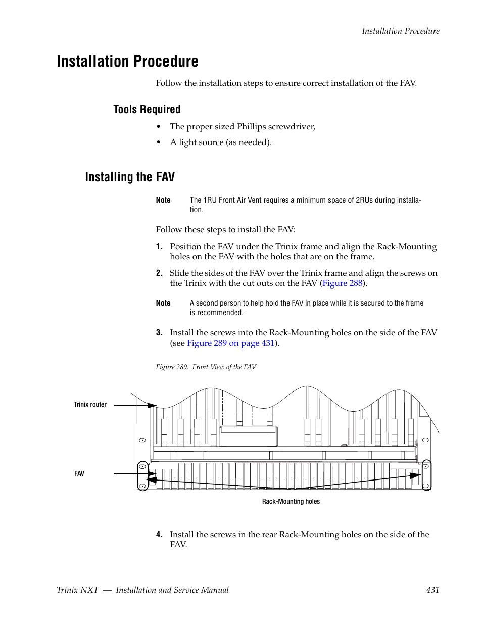 Installation procedure, Tools required, Installing the fav | Grass Valley Trinix NXT v.3.3.1 User Manual | Page 431 / 453