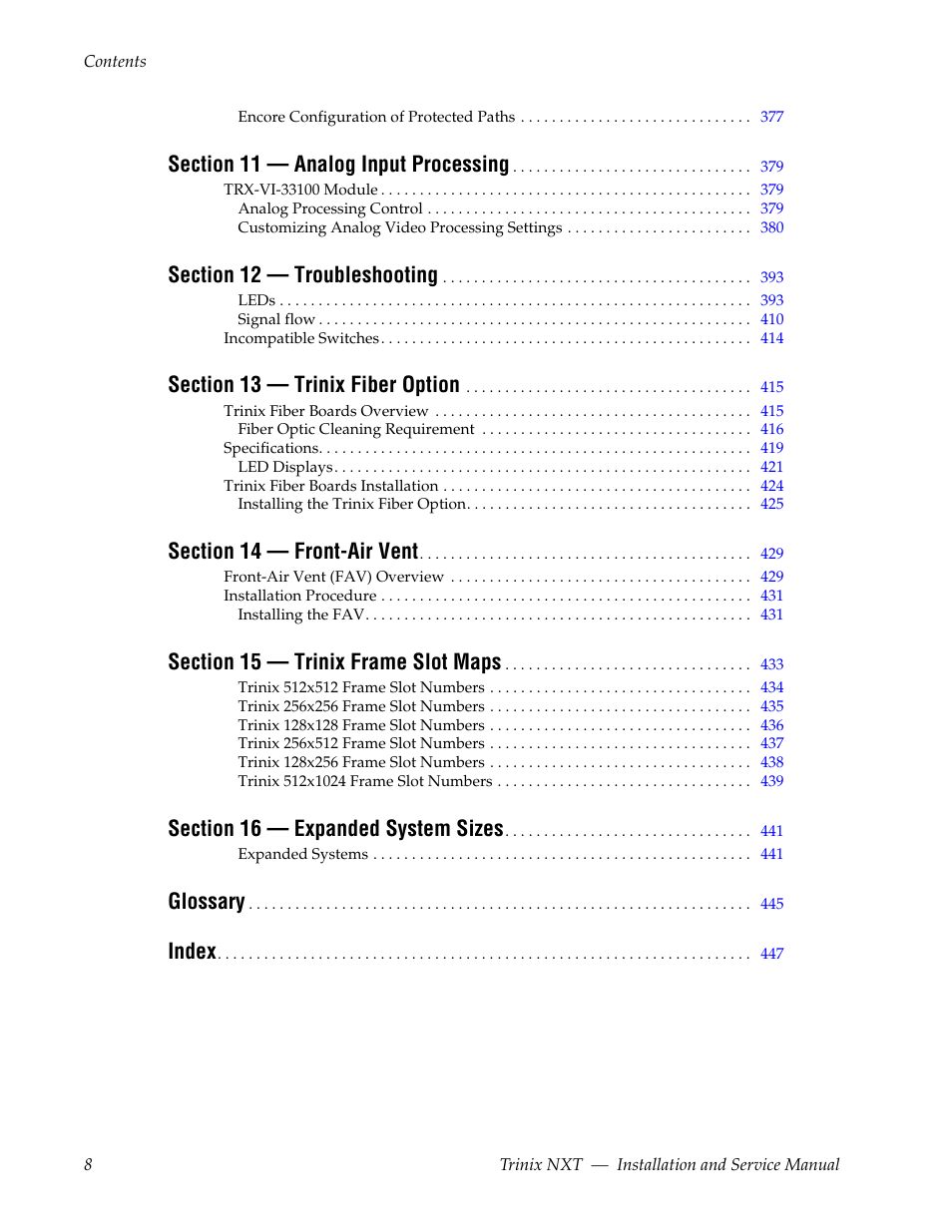 Glossary, Index | Grass Valley Trinix NXT v.3.3.1 User Manual | Page 8 / 453