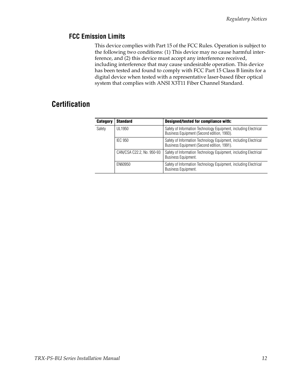 Fcc emission limits, Certification | Grass Valley TRX-PS-BU Series User Manual | Page 12 / 24