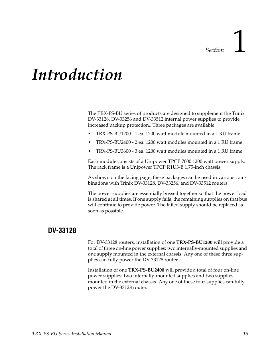 Introduction, Dv-33128, Section 1 — introduction | Grass Valley TRX-PS-BU Series User Manual | Page 15 / 24