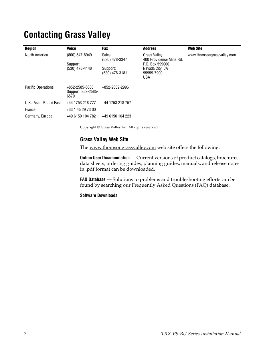 Contacting grass valley | Grass Valley TRX-PS-BU Series User Manual | Page 2 / 24