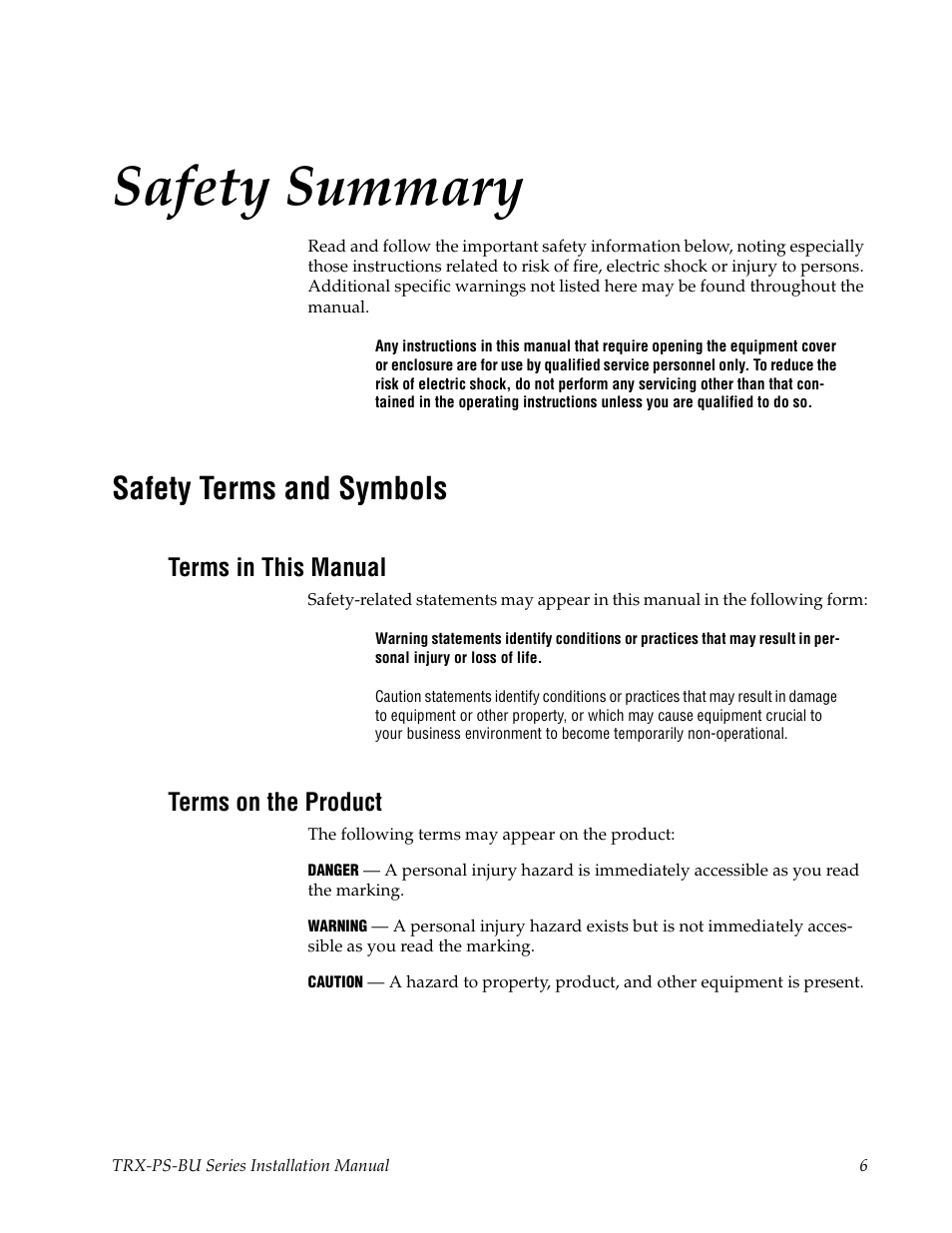 Safety summary, Safety terms and symbols, Terms in this manual | Terms on the product | Grass Valley TRX-PS-BU Series User Manual | Page 6 / 24