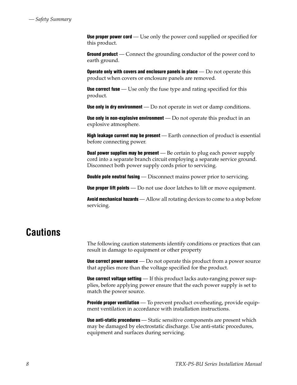 Cautions | Grass Valley TRX-PS-BU Series User Manual | Page 8 / 24