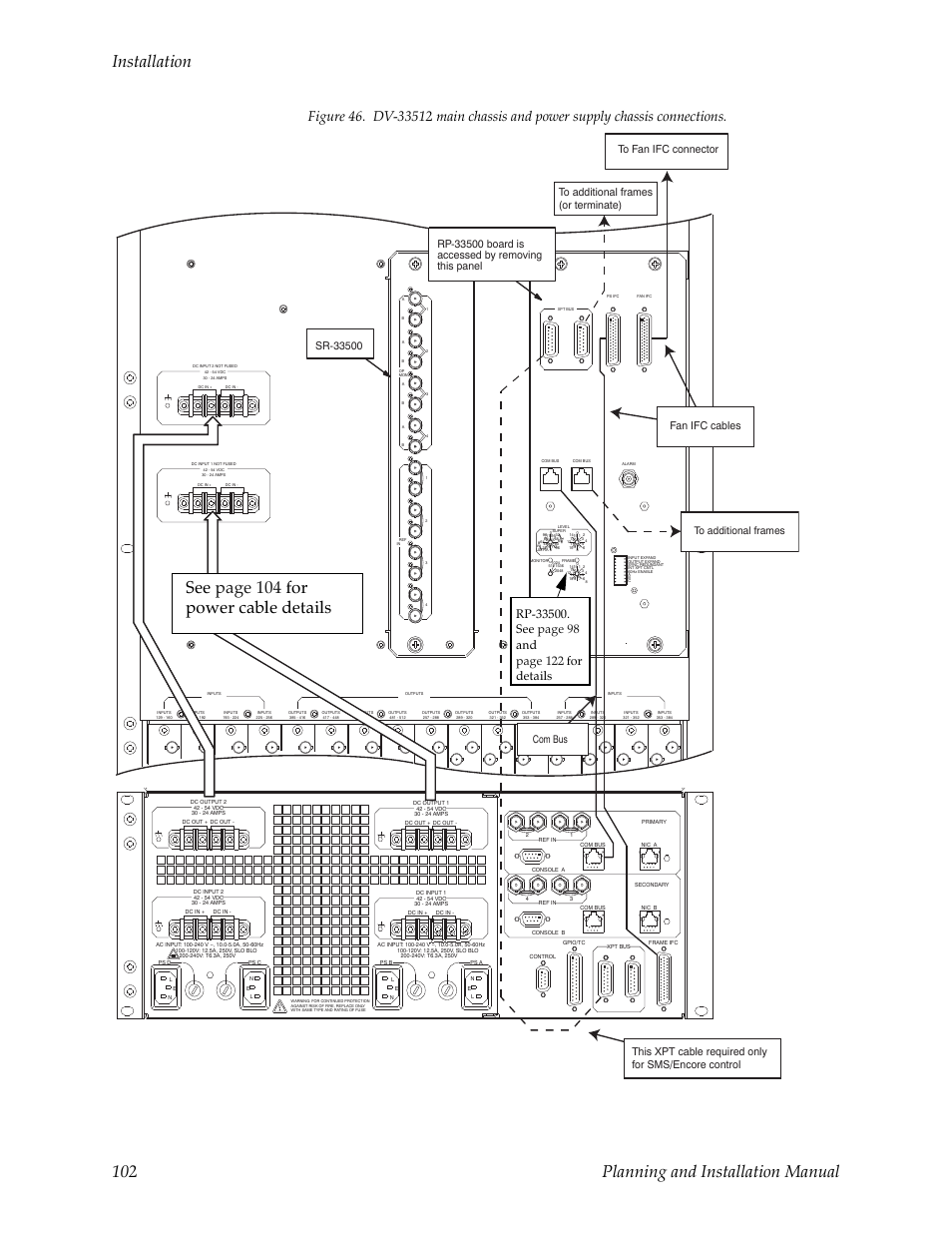On, see, Installation 102 planning and installation manual, See page 104 for power cable details | Grass Valley Trinix v.2.4.1 User Manual | Page 102 / 232