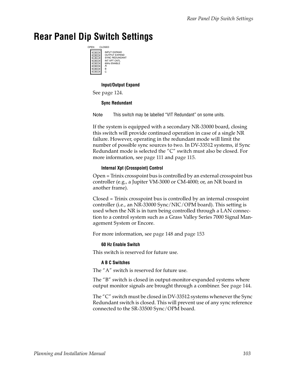 Rear panel dip switch settings | Grass Valley Trinix v.2.4.1 User Manual | Page 103 / 232