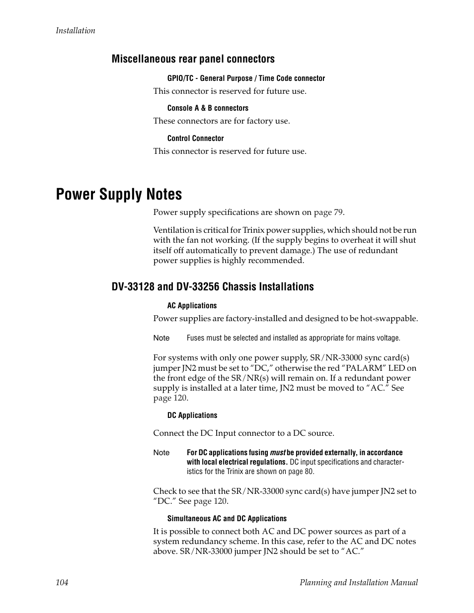 Miscellaneous rear panel connectors, Power supply notes, Dv-33128 and dv-33256 chassis installations | Grass Valley Trinix v.2.4.1 User Manual | Page 104 / 232