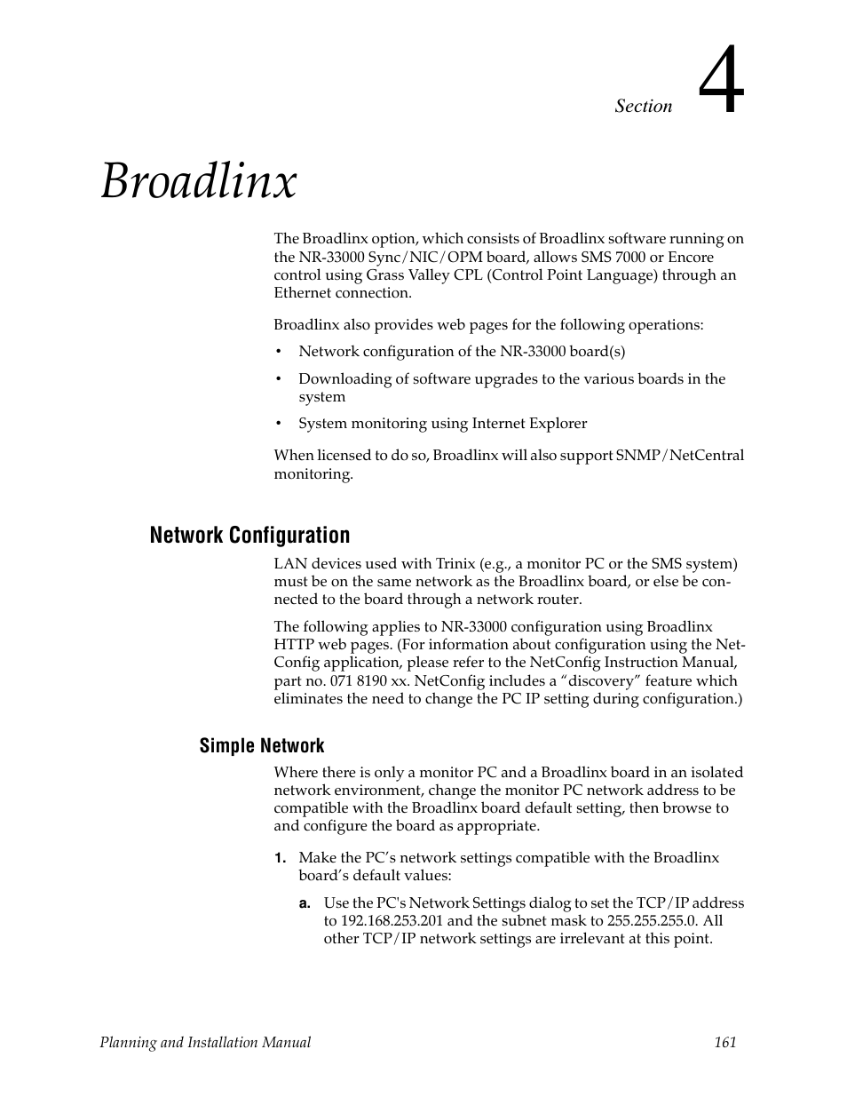 Broadlinx, Network configuration, Simple network | Section 4 — broadlinx, Section 4-broadlinx | Grass Valley Trinix v.2.4.1 User Manual | Page 161 / 232