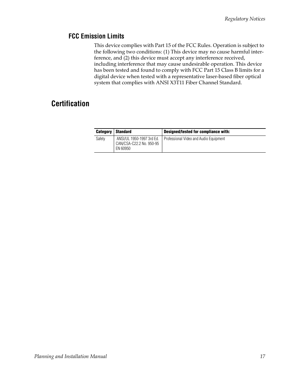Fcc emission limits, Certification | Grass Valley Trinix v.2.4.1 User Manual | Page 17 / 232