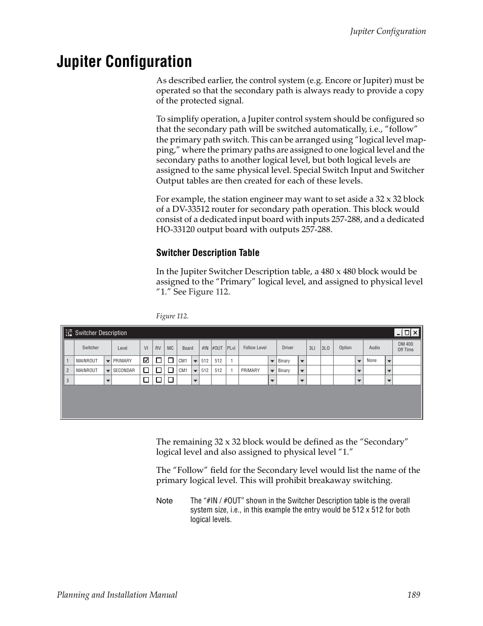 Jupiter configuration, Switcher description table | Grass Valley Trinix v.2.4.1 User Manual | Page 189 / 232