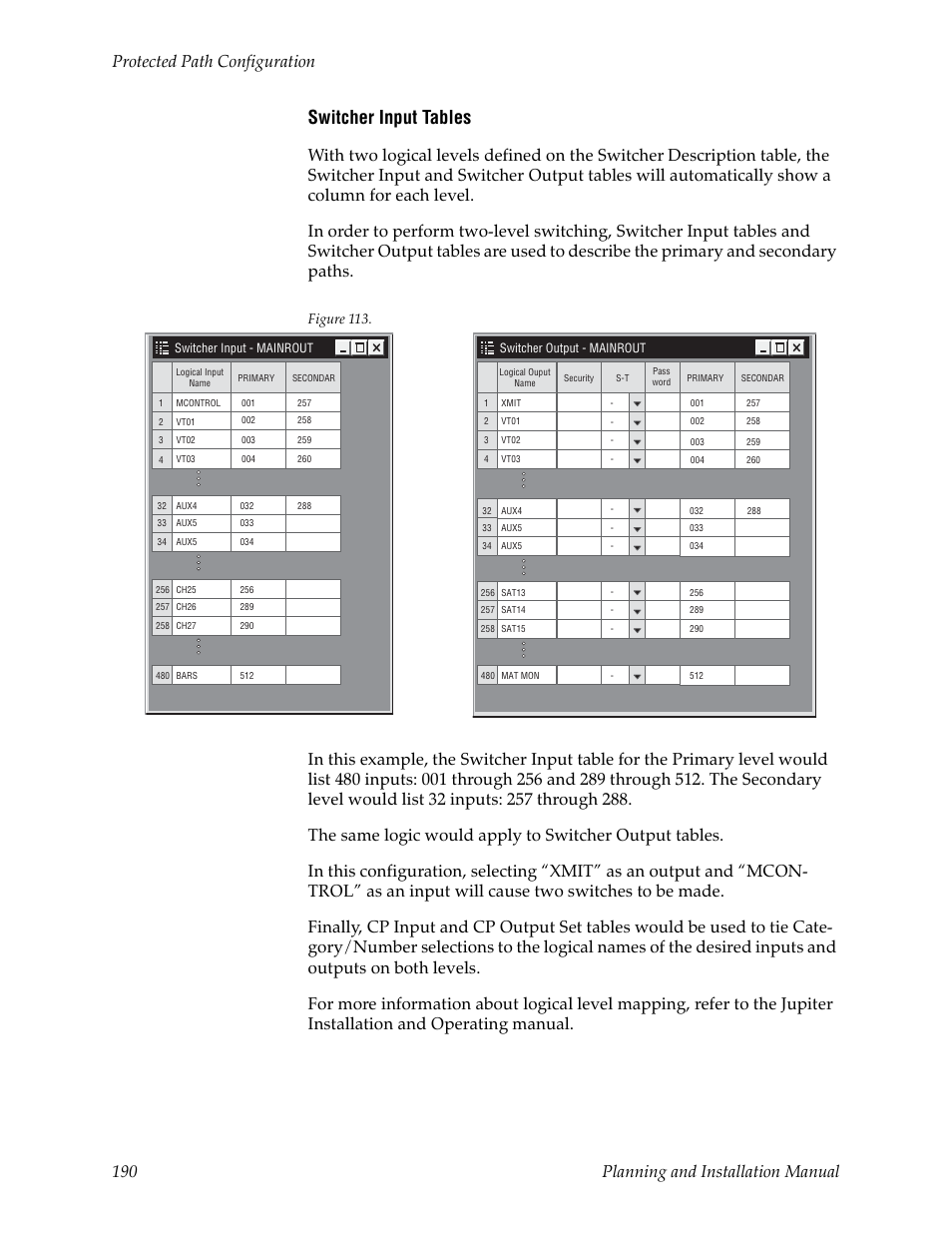 Switcher input tables | Grass Valley Trinix v.2.4.1 User Manual | Page 190 / 232