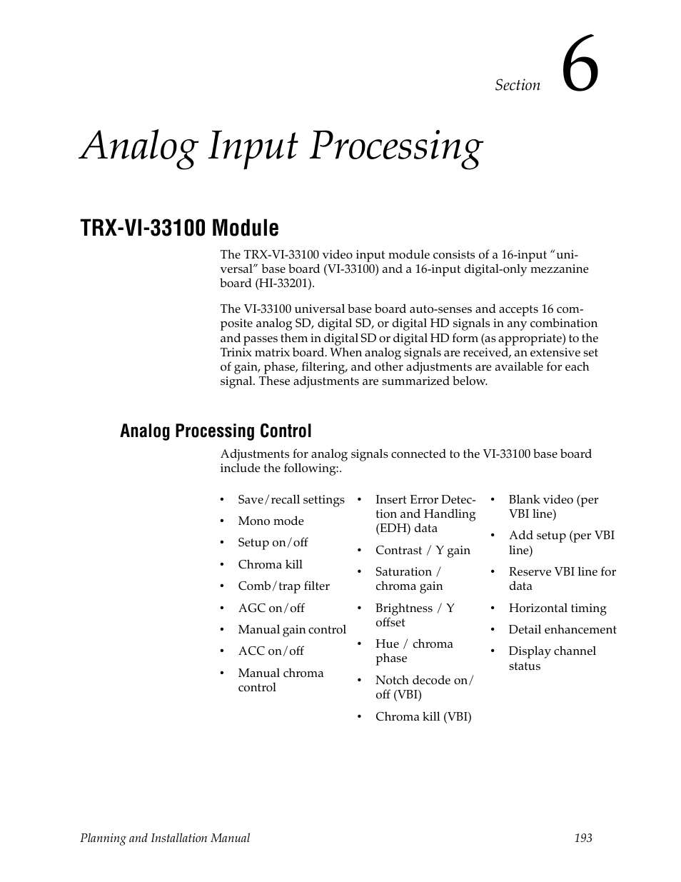 Analog input processing, Trx-vi-33100 module, Analog processing control | Section 6 — analog input processing, Section 6-analog input processing | Grass Valley Trinix v.2.4.1 User Manual | Page 193 / 232
