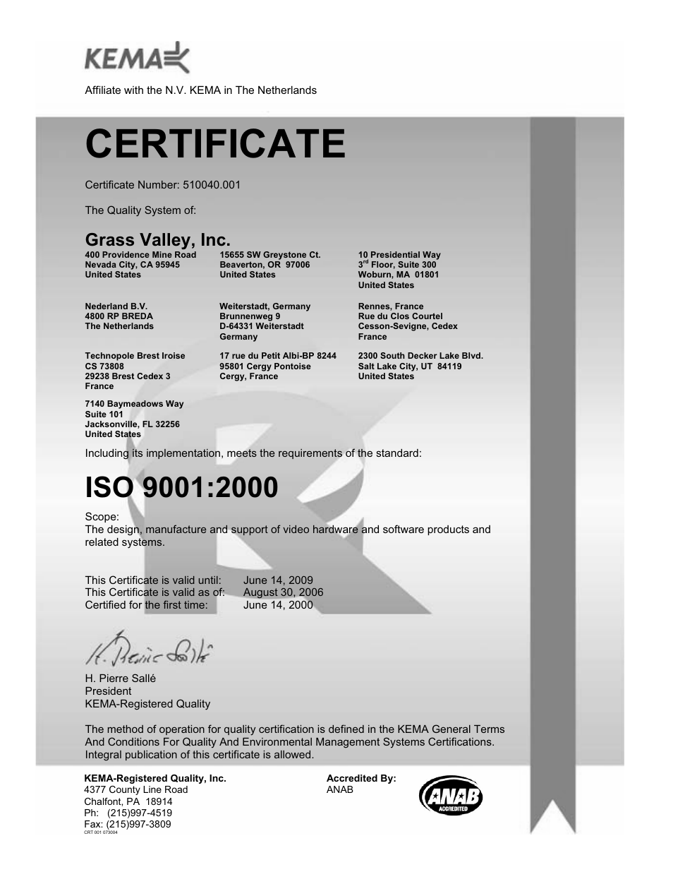Certificate, Grass valley, inc | Grass Valley Trinix v.2.4.1 User Manual | Page 2 / 232