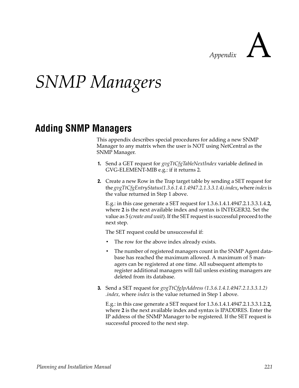 Snmp managers, Adding snmp managers, Section a — snmp managers | Grass Valley Trinix v.2.4.1 User Manual | Page 221 / 232