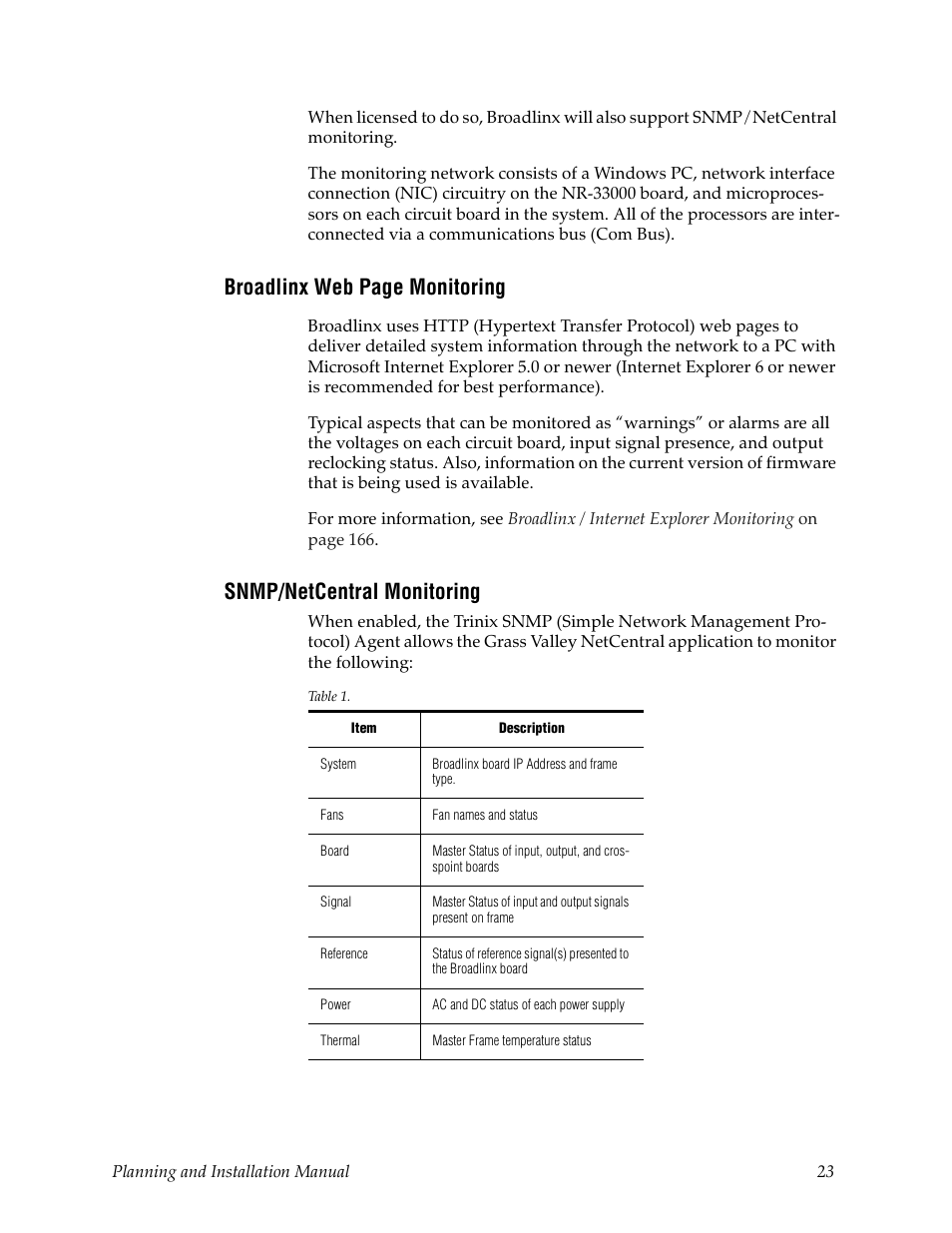 Snmp/netcentral monitoring, Broadlinx web page monitoring | Grass Valley Trinix v.2.4.1 User Manual | Page 23 / 232