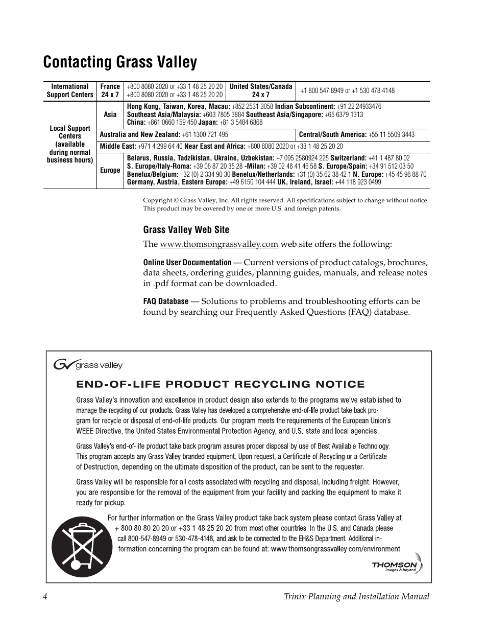 Contacting grass valley | Grass Valley Trinix v.2.4.1 User Manual | Page 4 / 232