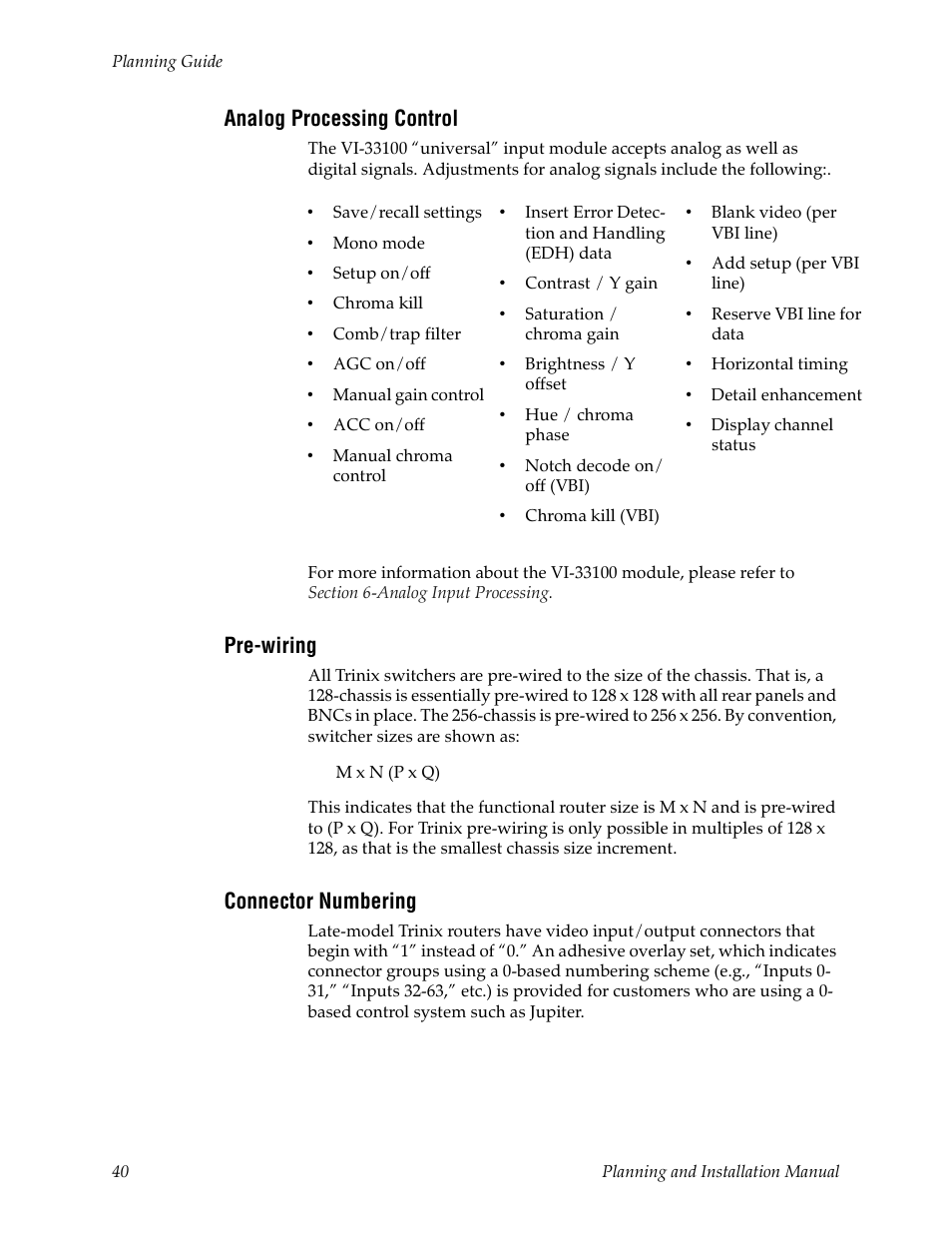 Analog processing control, Pre-wiring, Connector numbering | Grass Valley Trinix v.2.4.1 User Manual | Page 40 / 232