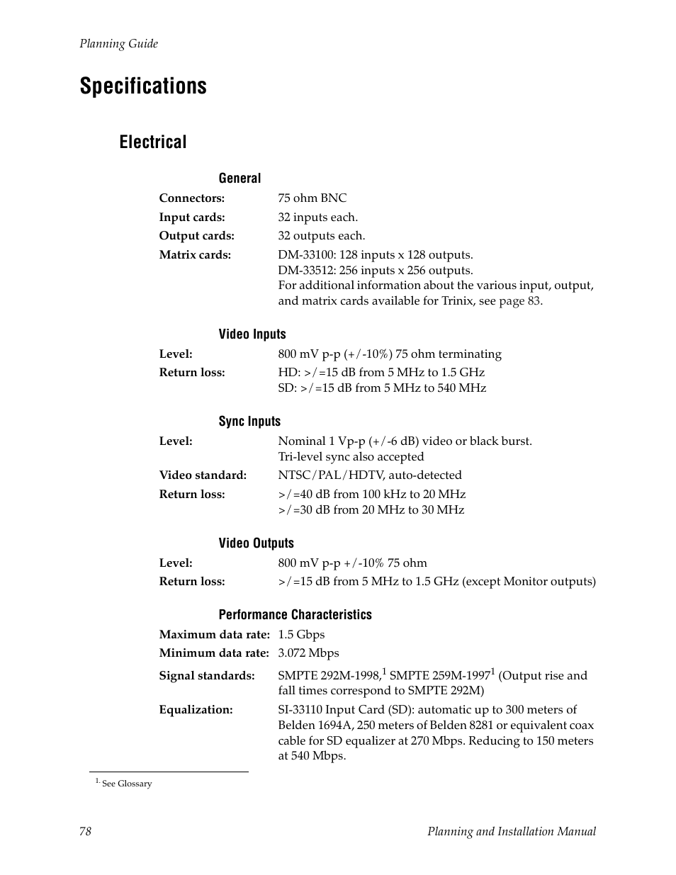 Specifications, Electrical | Grass Valley Trinix v.2.4.1 User Manual | Page 78 / 232