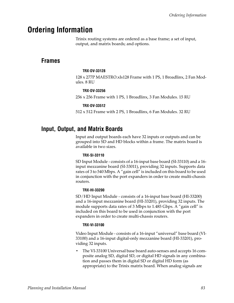 Ordering information, Frames, Input, output, and matrix boards | Grass Valley Trinix v.2.4.1 User Manual | Page 83 / 232