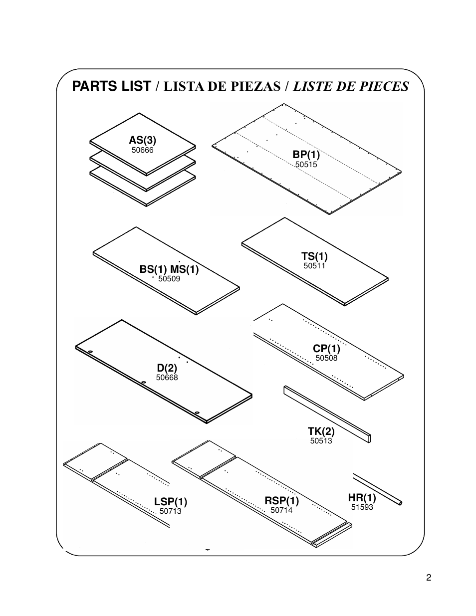 Parts list / lista de piezas / liste de pieces | Closet Maid 12146 User Manual | Page 2 / 11