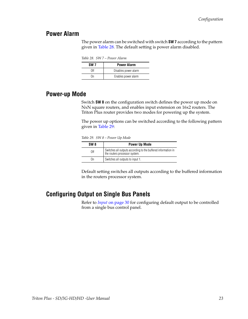 Power alarm, Power-up mode, Configuring output on single bus panels | Grass Valley Triton Plus Revision Video Routers 14 User Manual | Page 23 / 34