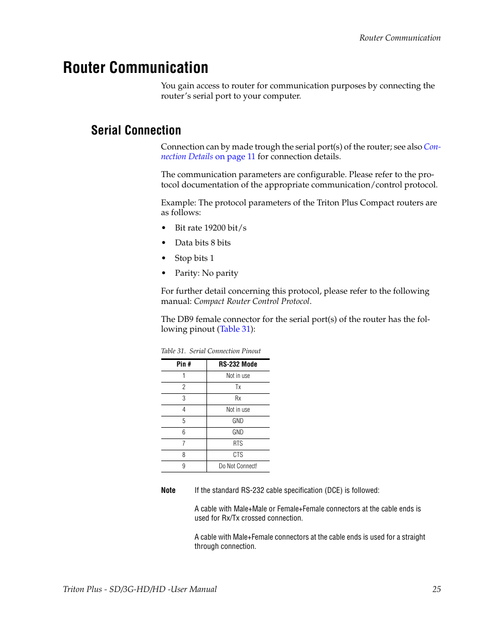 Router communication, Serial connection | Grass Valley Triton Plus Revision Video Routers 14 User Manual | Page 25 / 34