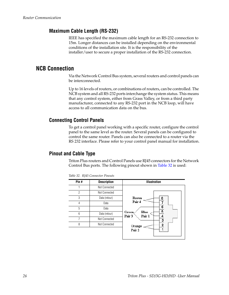 Maximum cable length (rs-232), Ncb connection, Connecting control panels | Pinout and cable type | Grass Valley Triton Plus Revision Video Routers 14 User Manual | Page 26 / 34