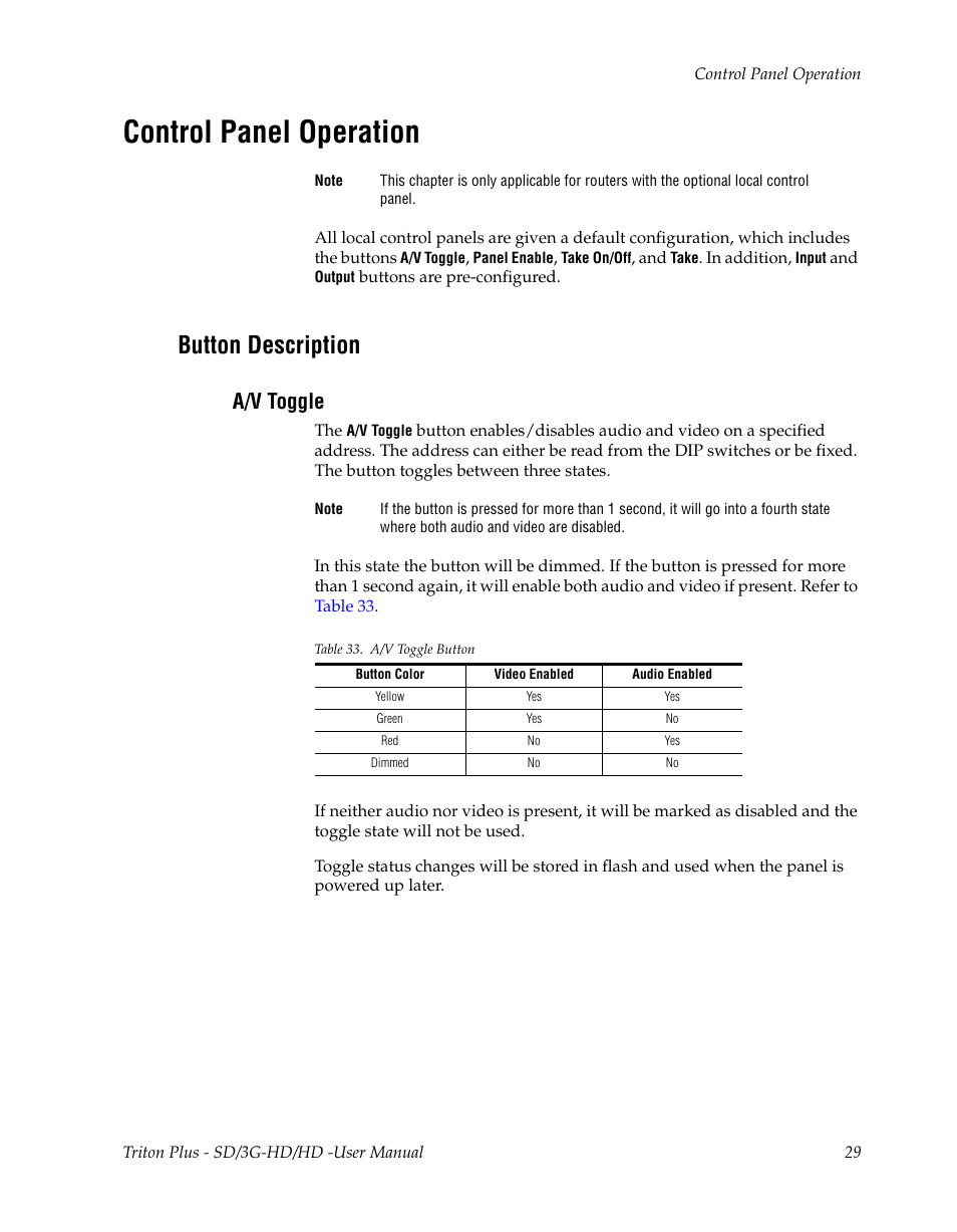 Control panel operation, Button description, A/v toggle | Grass Valley Triton Plus Revision Video Routers 14 User Manual | Page 29 / 34