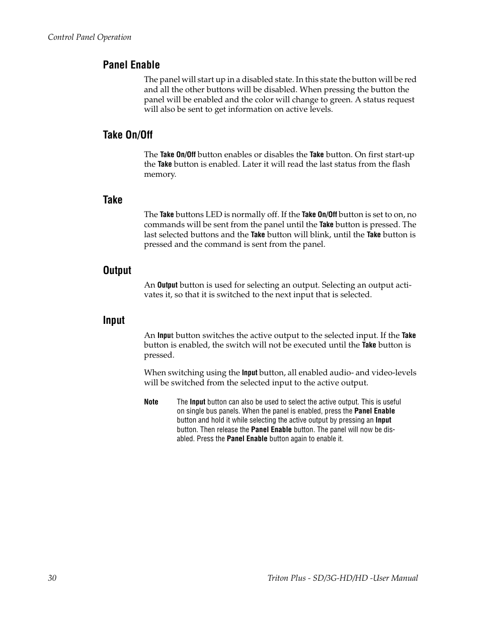Panel enable, Take on/off, Take | Output, Input, For c | Grass Valley Triton Plus Revision Video Routers 14 User Manual | Page 30 / 34