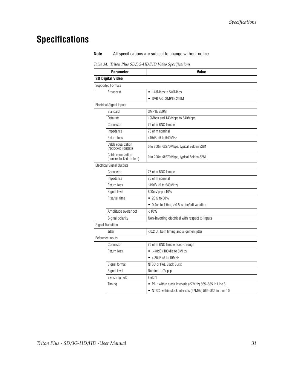 Specifications | Grass Valley Triton Plus Revision Video Routers 14 User Manual | Page 31 / 34