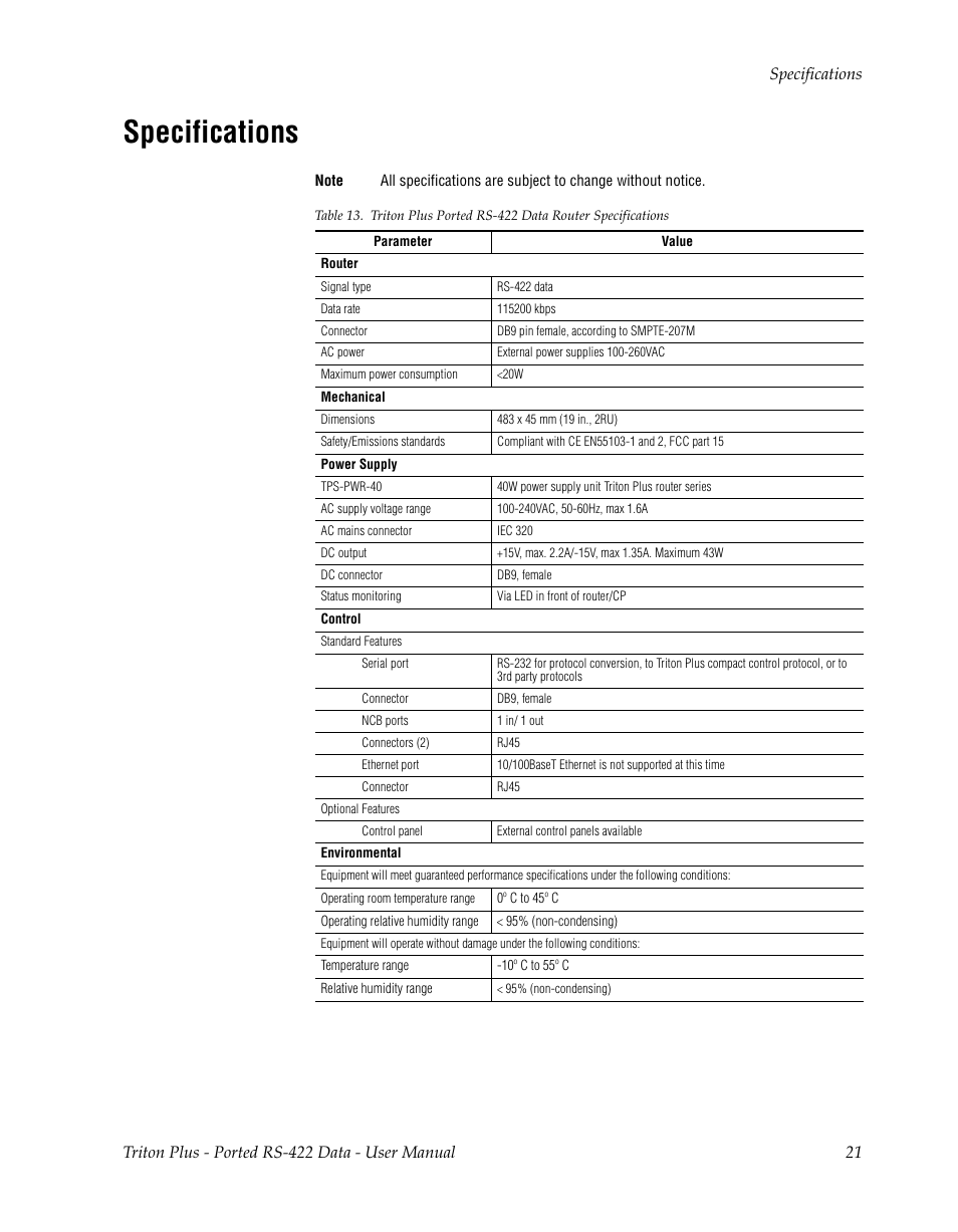 Specifications | Grass Valley Triton Plus Revision 5 User Manual | Page 21 / 22