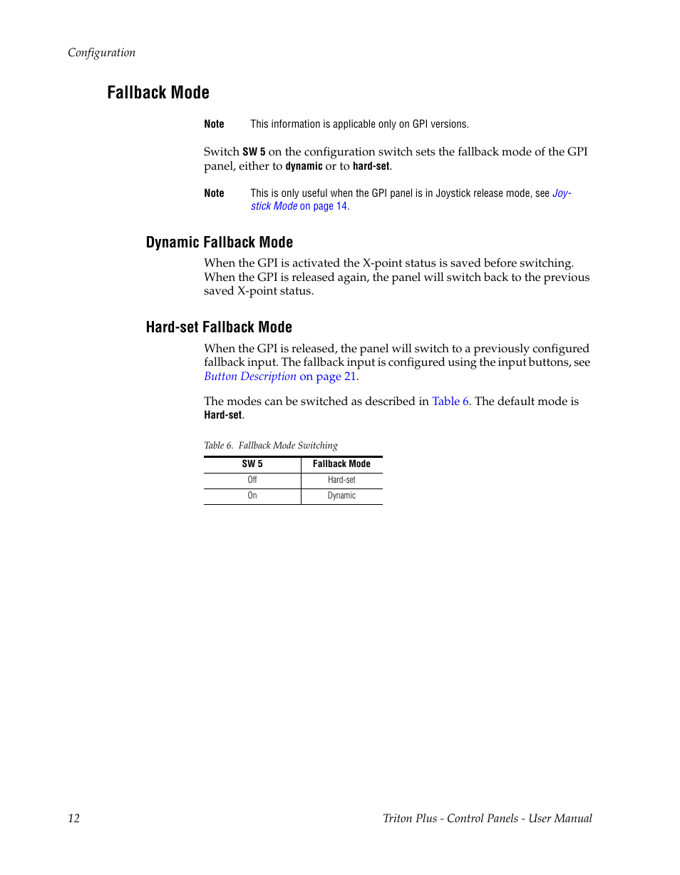 Fallback mode, Dynamic fallback mode, Hard-set fallback mode | Grass Valley Triton Plus Revision 3 User Manual | Page 12 / 24