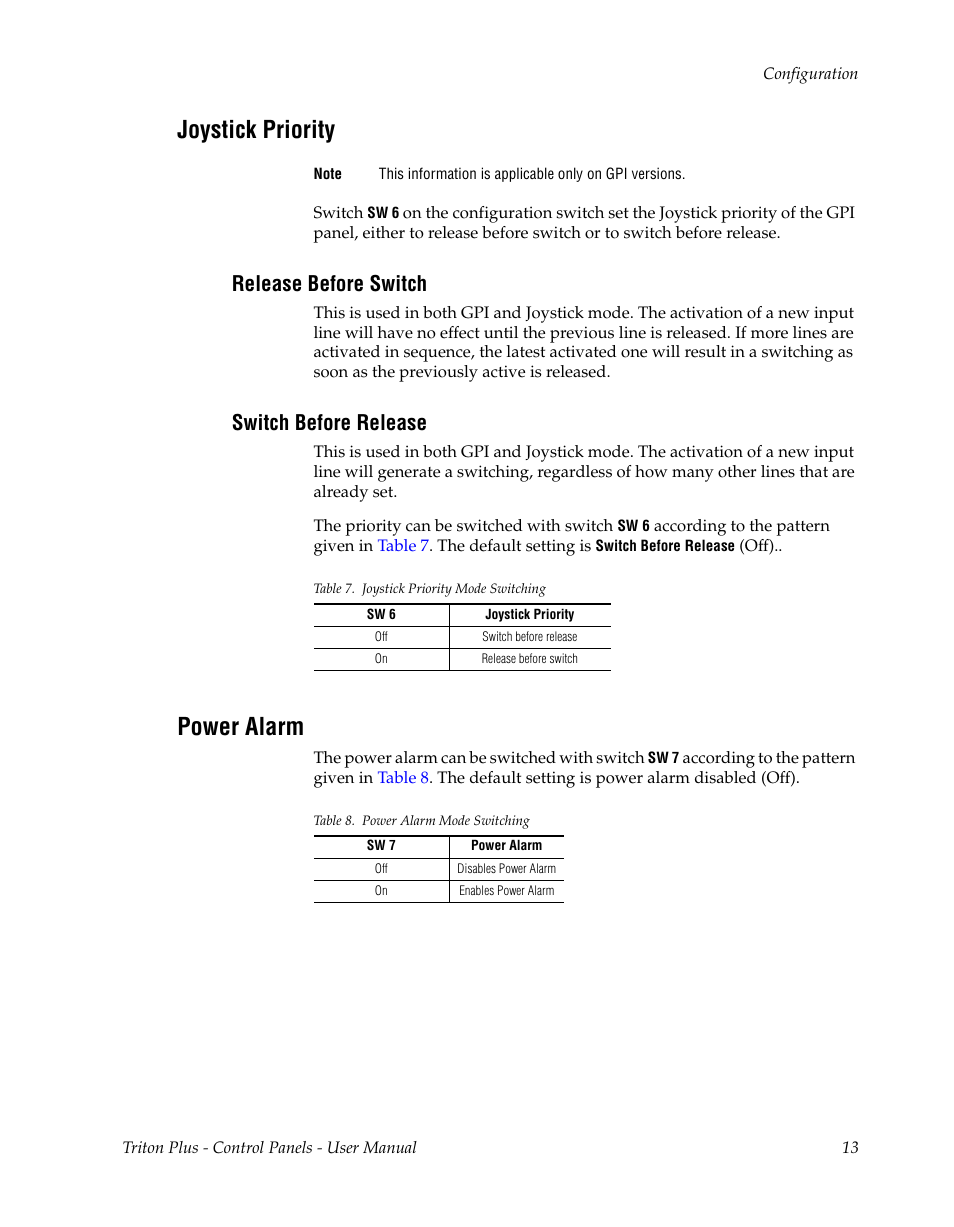 Joystick priority, Release before switch, Switch before release | Power alarm | Grass Valley Triton Plus Revision 3 User Manual | Page 13 / 24