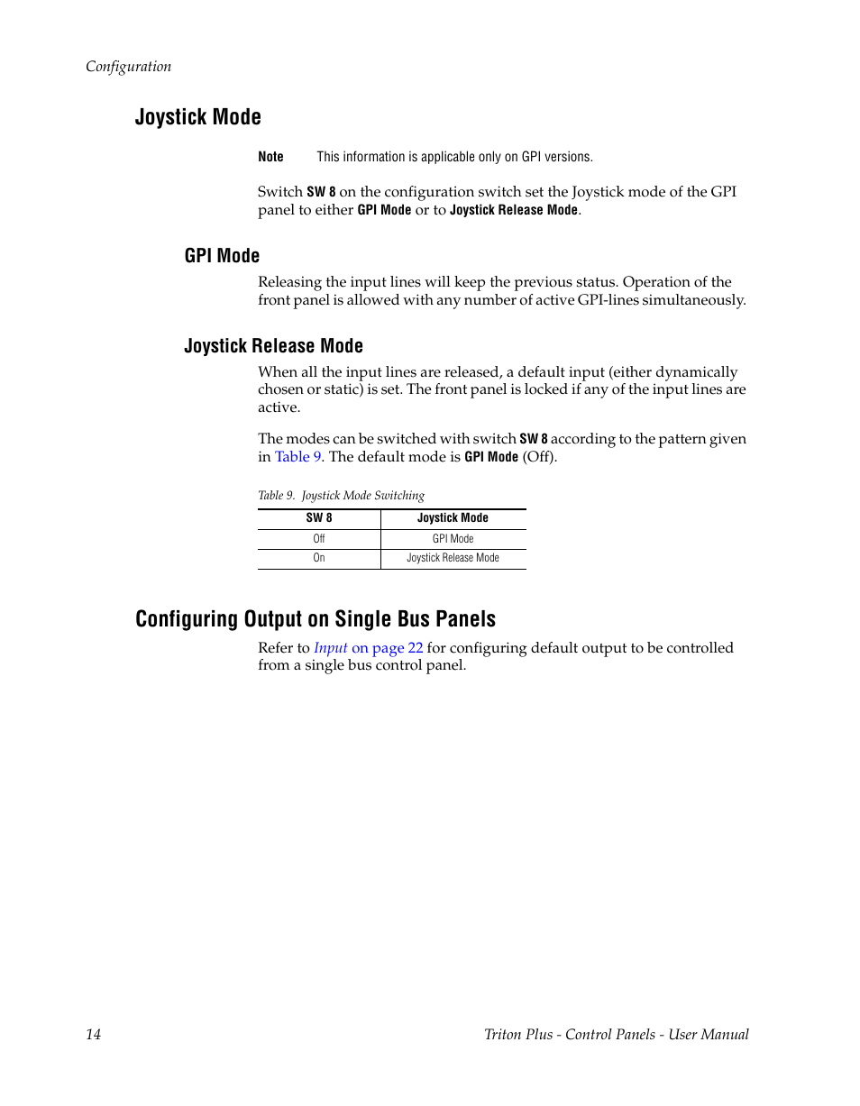 Joystick mode, Gpi mode, Joystick release mode | Configuring output on single bus panels | Grass Valley Triton Plus Revision 3 User Manual | Page 14 / 24