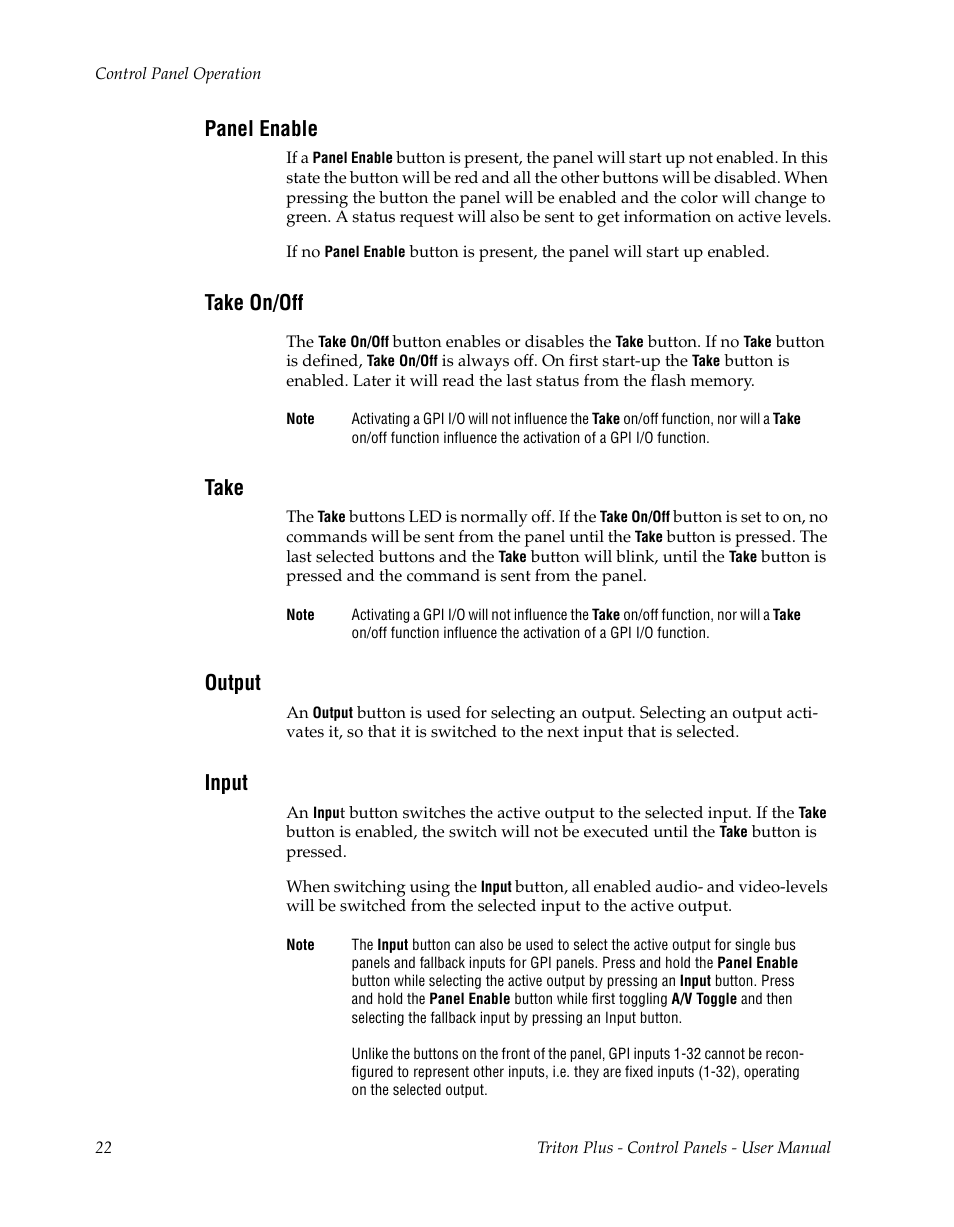 Panel enable, Take on/off, Take | Output, Input, Refer to, For c | Grass Valley Triton Plus Revision 3 User Manual | Page 22 / 24