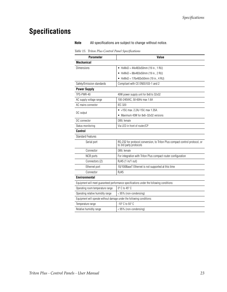 Specifications | Grass Valley Triton Plus Revision 3 User Manual | Page 23 / 24