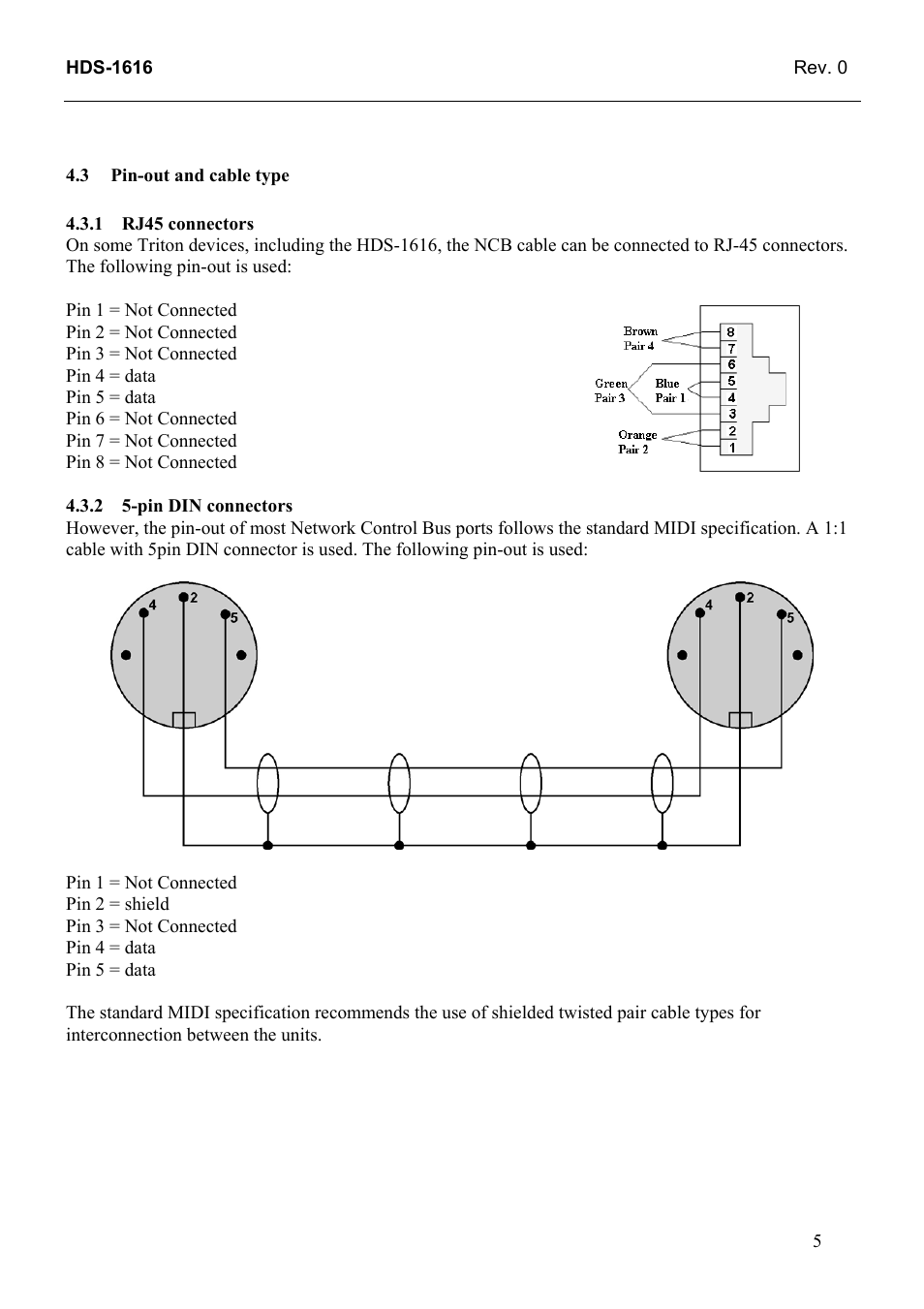 Pin-out and cable type, Rj45 connectors, Pin din connectors | 1 rj45, Connectors | Grass Valley TTN-HDS-1616 User Manual | Page 13 / 24