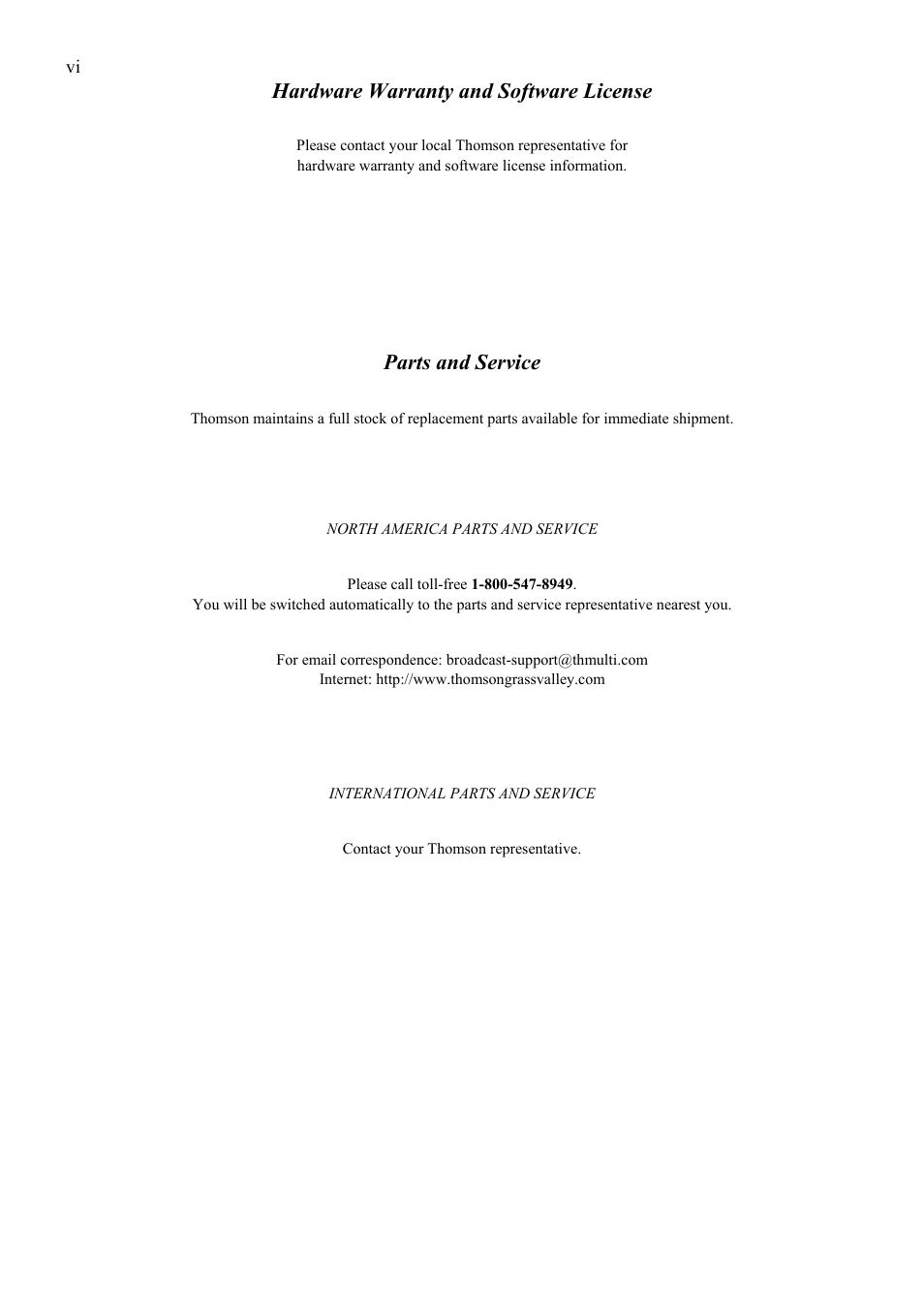 Hardware warranty and software license, Parts and service | Grass Valley TTN-BRS-1616 User Manual | Page 6 / 20
