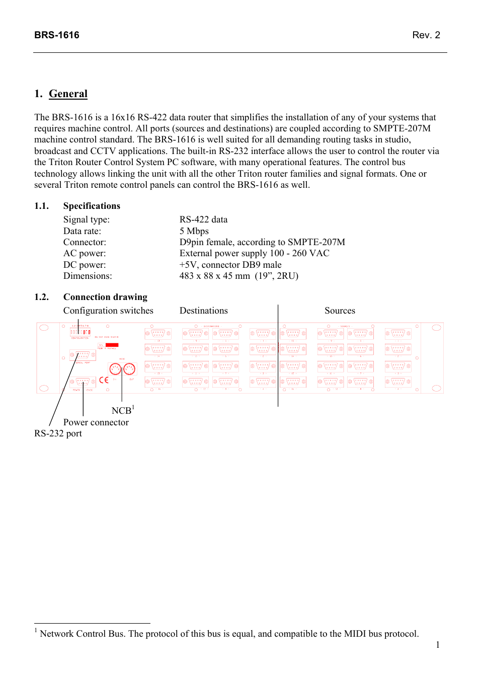 General, Specifications, Connection drawing | General 1, Connection, Drawing | Grass Valley TTN-BRS-1616 User Manual | Page 9 / 20