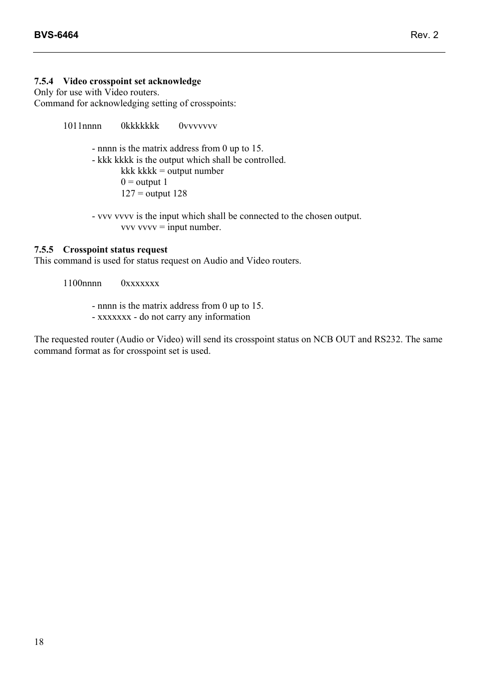 Video crosspoint set acknowledge, Crosspoint status request | Grass Valley TTN-BVS-6464 User Manual | Page 26 / 26