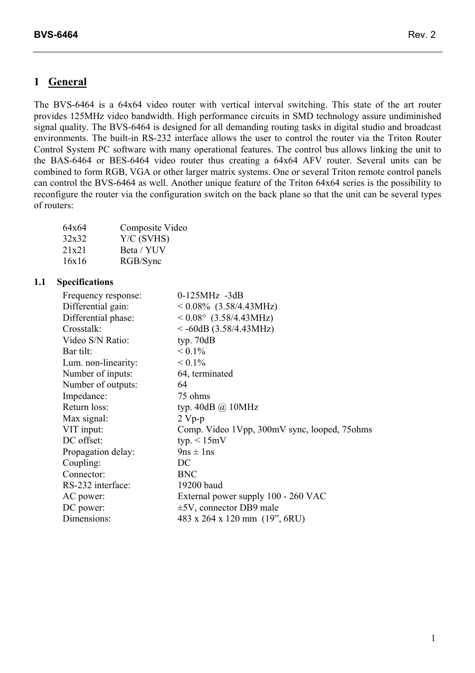 General, Specifications, General 1 | 1 specifications | Grass Valley TTN-BVS-6464 User Manual | Page 9 / 26