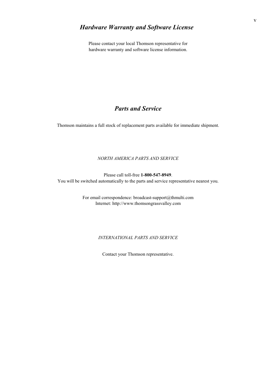 Hardware warranty and software license, Parts and service | Grass Valley TTN-RECL8 User Manual | Page 5 / 12