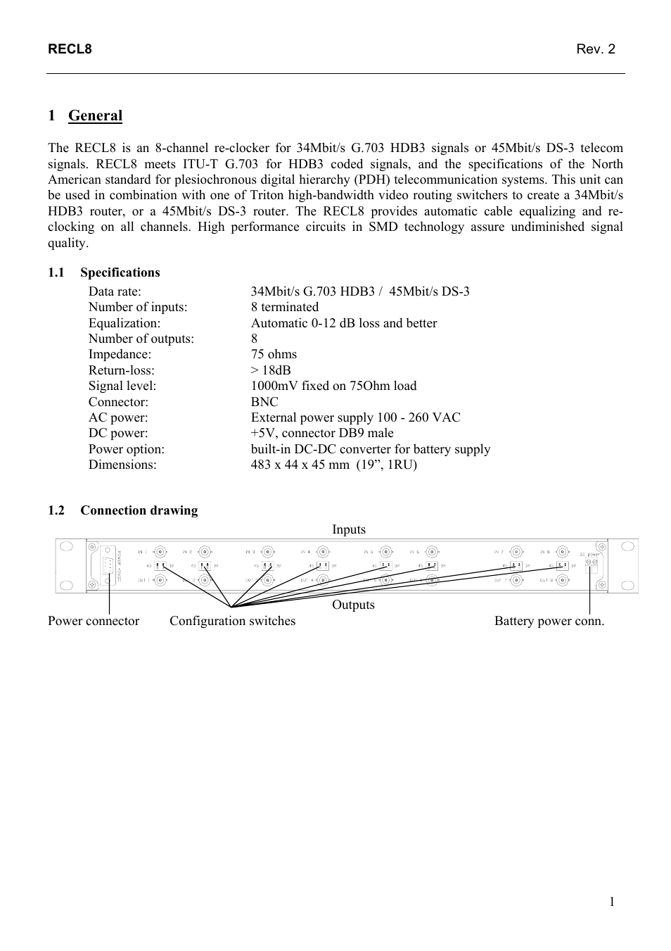 General, Specifications, Connection drawing | General 1, 1 specifications, 2 connection, Drawing | Grass Valley TTN-RECL8 User Manual | Page 7 / 12