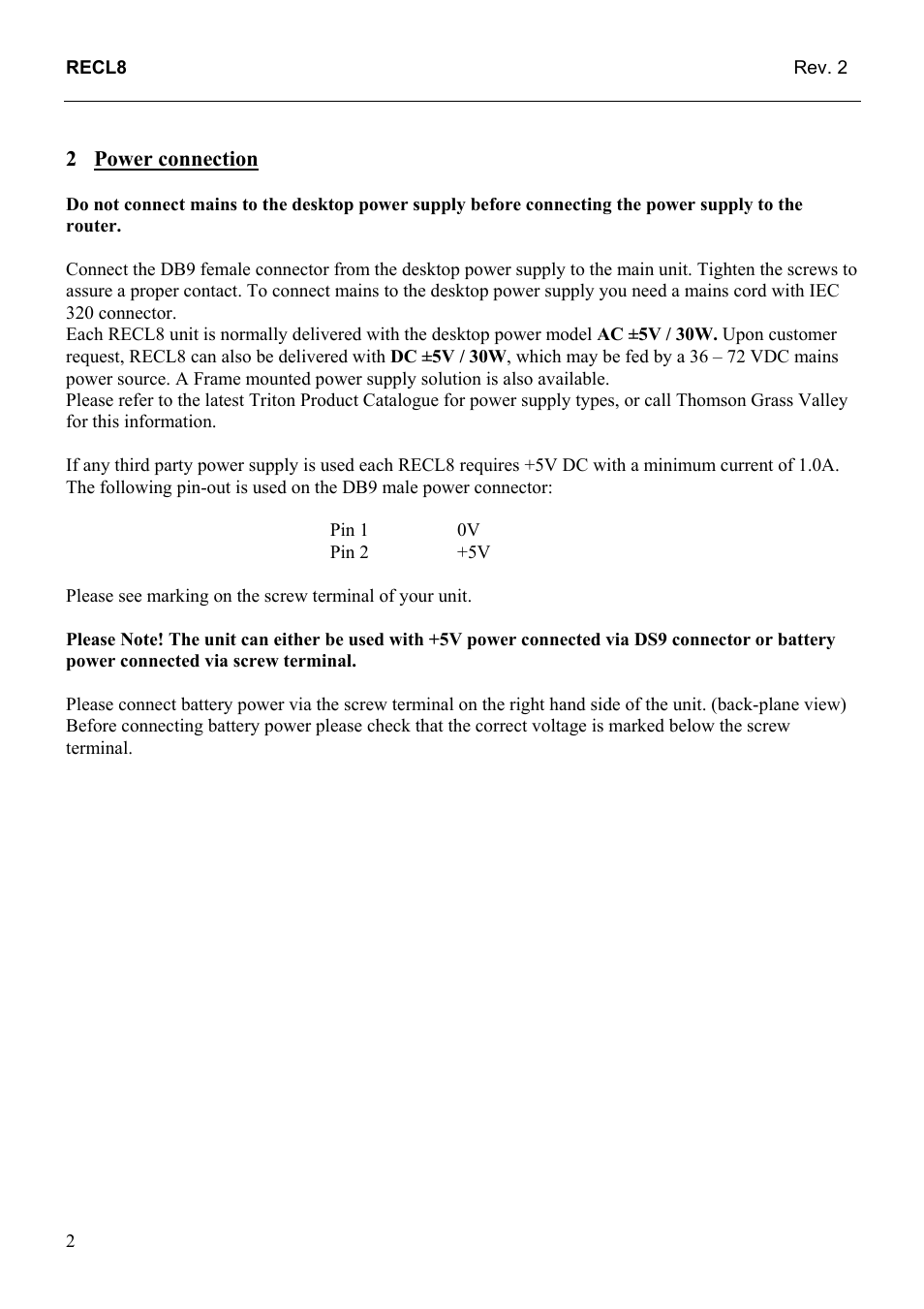Power connection | Grass Valley TTN-RECL8 User Manual | Page 8 / 12
