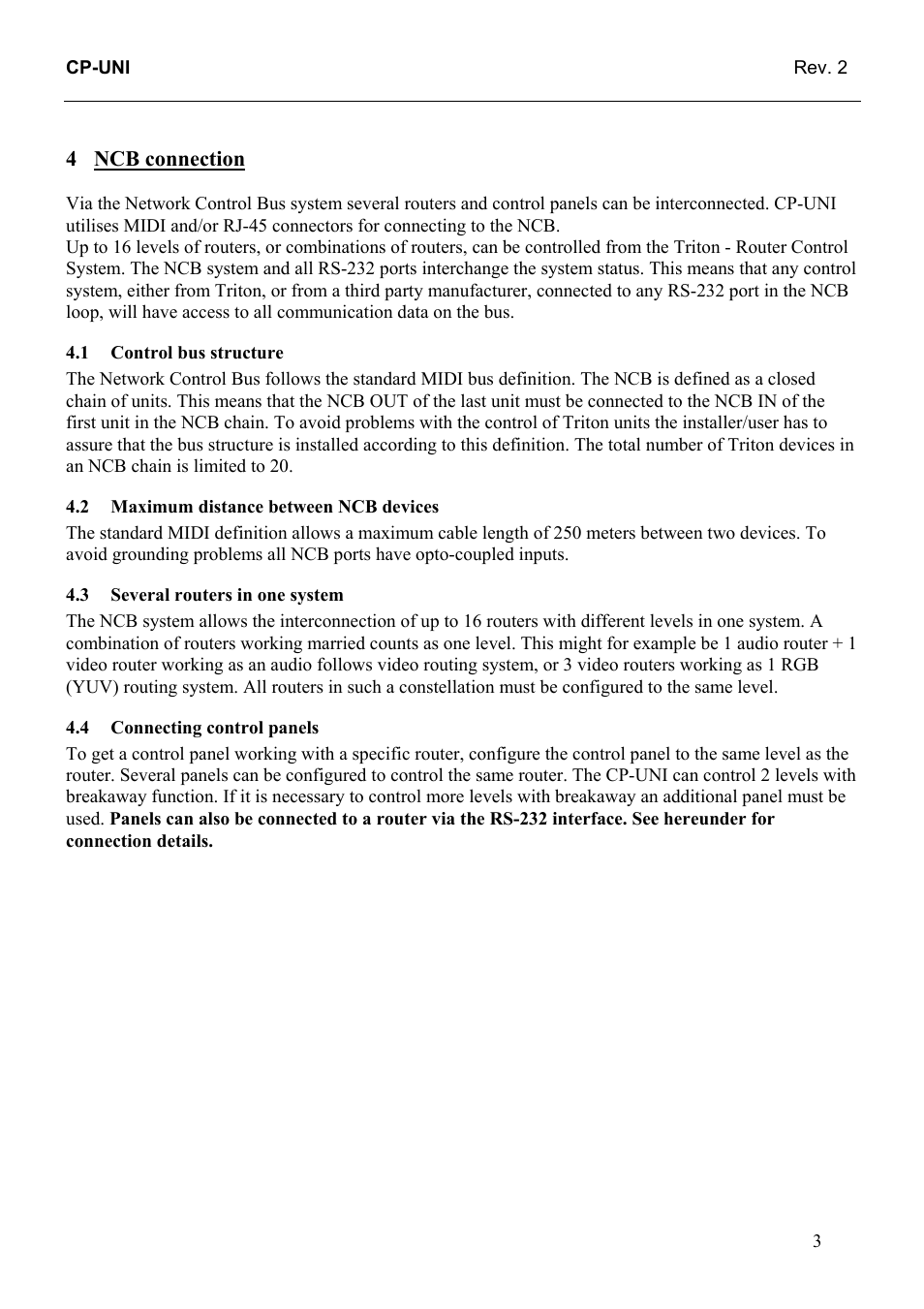 Ncb connection, Control bus structure, Maximum distance between ncb devices | Several routers in one system, Connecting control panels | Grass Valley TTN-CP-UNI User Manual | Page 11 / 21