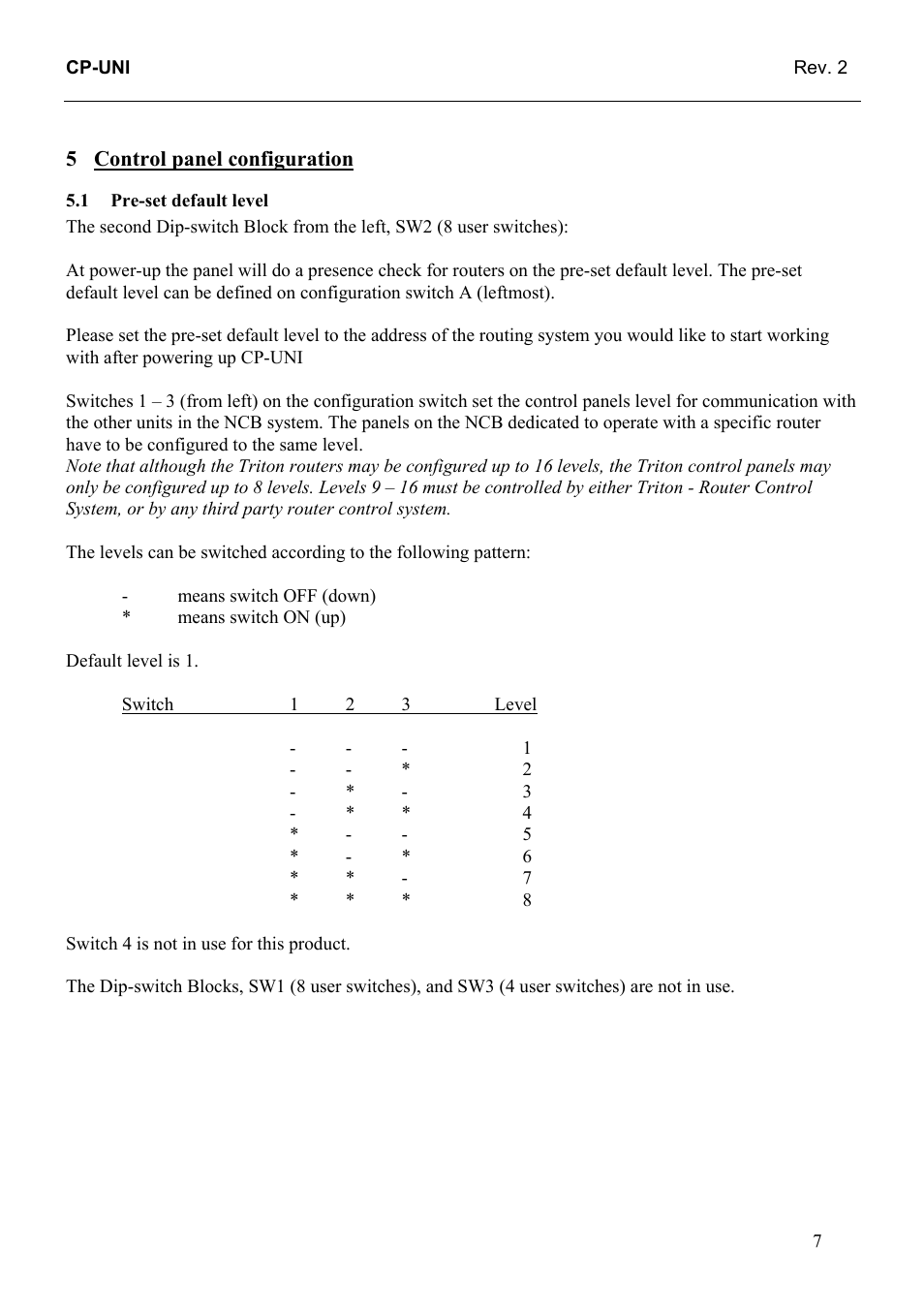 Control panel configuration, Pre-set default level | Grass Valley TTN-CP-UNI User Manual | Page 15 / 21