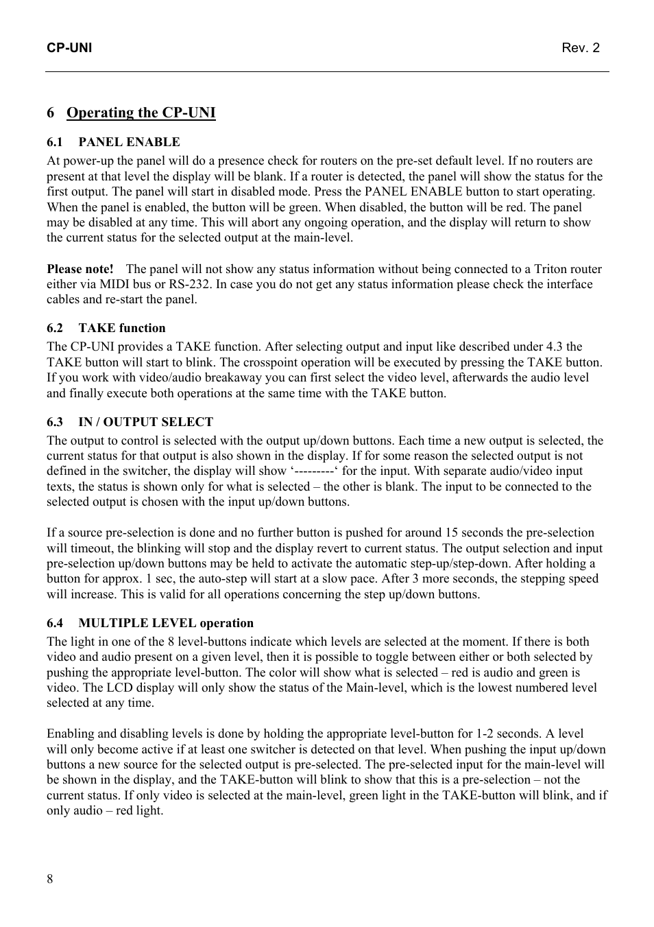 Operating the cp-uni, Panel enable, Take function | In / output select, Multiple level operation, 1 panel, Enable, 2 take, Function | Grass Valley TTN-CP-UNI User Manual | Page 16 / 21