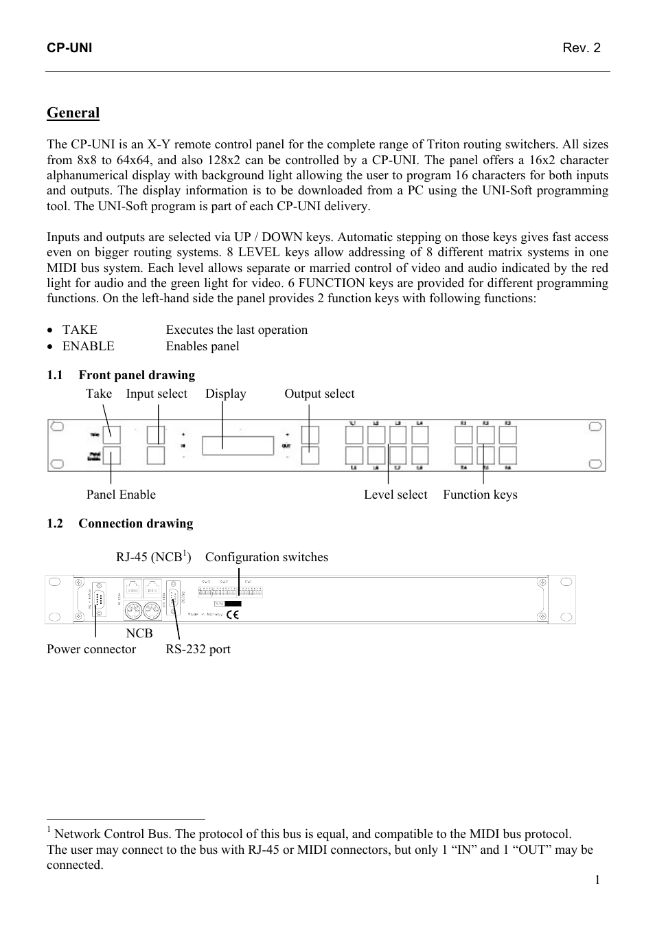 General, Front panel drawing, Connection drawing | General 1, 2 connection, Drawing | Grass Valley TTN-CP-UNI User Manual | Page 9 / 21