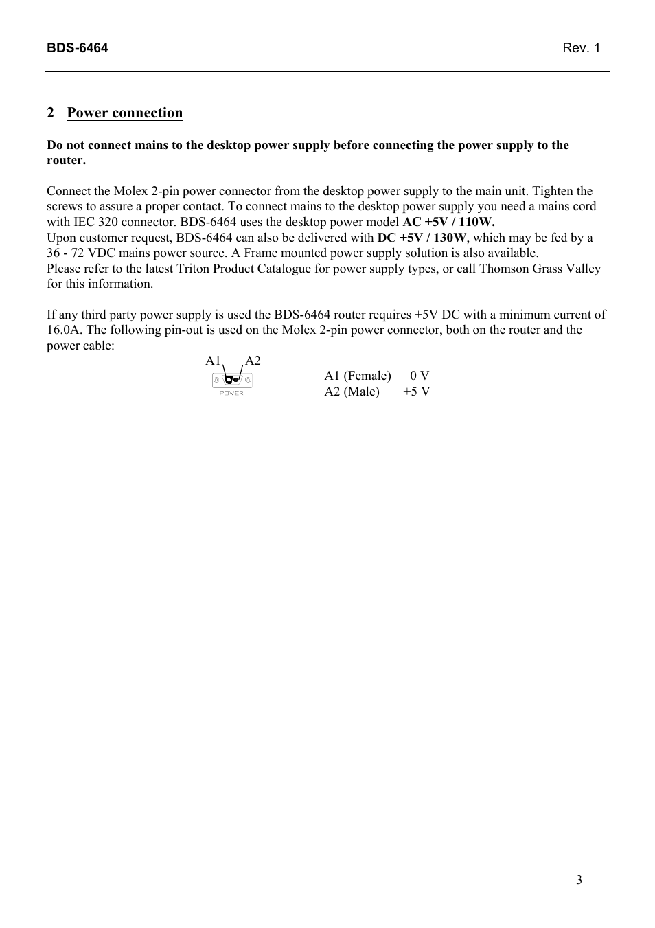 Power connection | Grass Valley TTN-BDS-6464 User Manual | Page 11 / 27